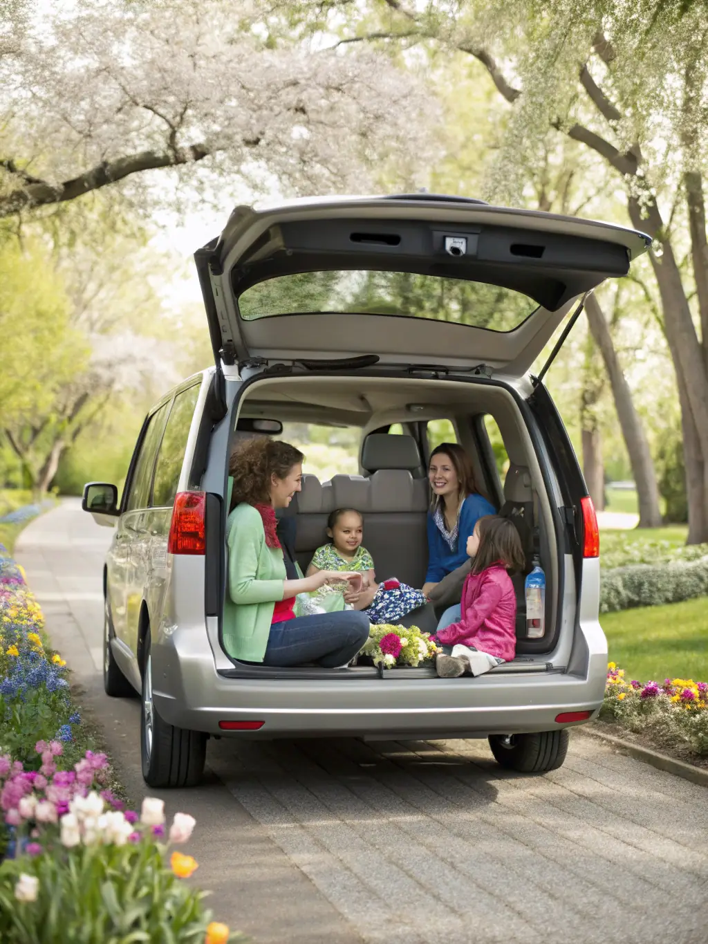 A spacious minivan carrying a family with children, luggage, and beach toys, heading towards a sunny beach, illustrating Urban Taxi's family trip services.