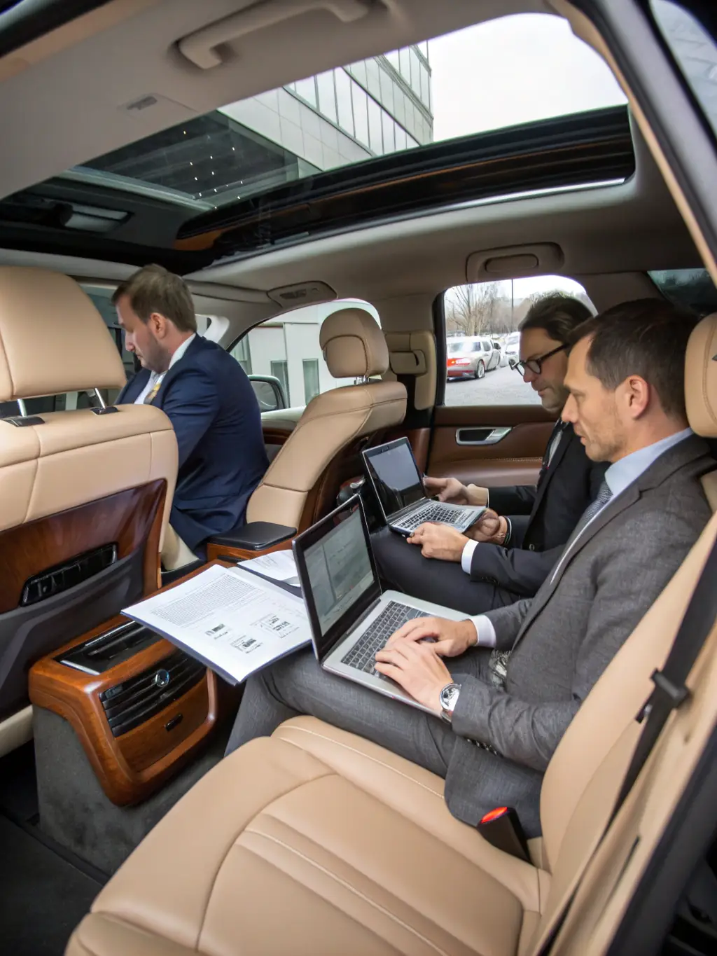 A modern minivan with a group of business people inside, discussing documents and using laptops, showcasing Urban Taxi's business travel services.