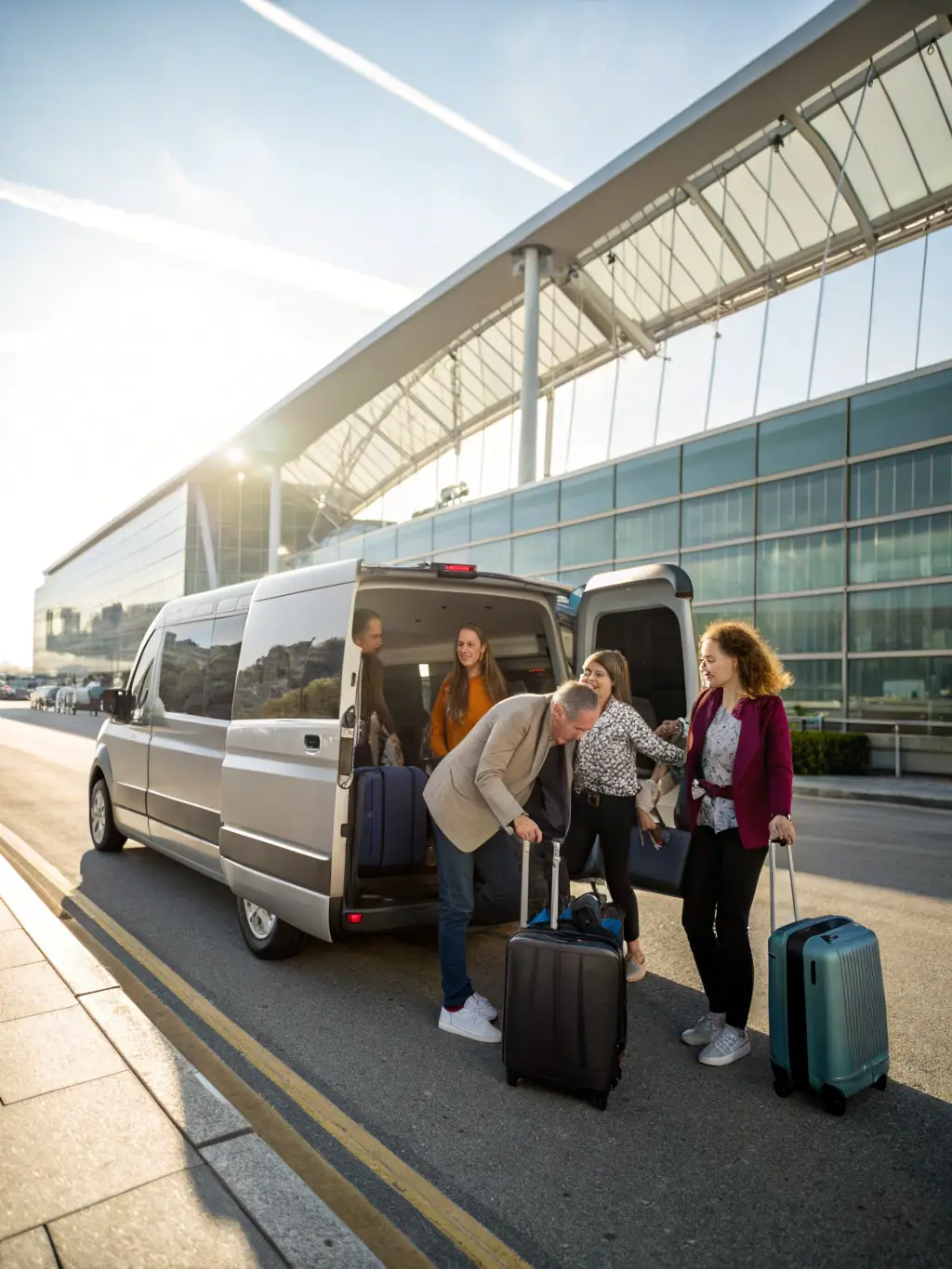A group of travelers with luggage being picked up from the airport by a large Urban Taxi van, highlighting the airport transfer services for groups.